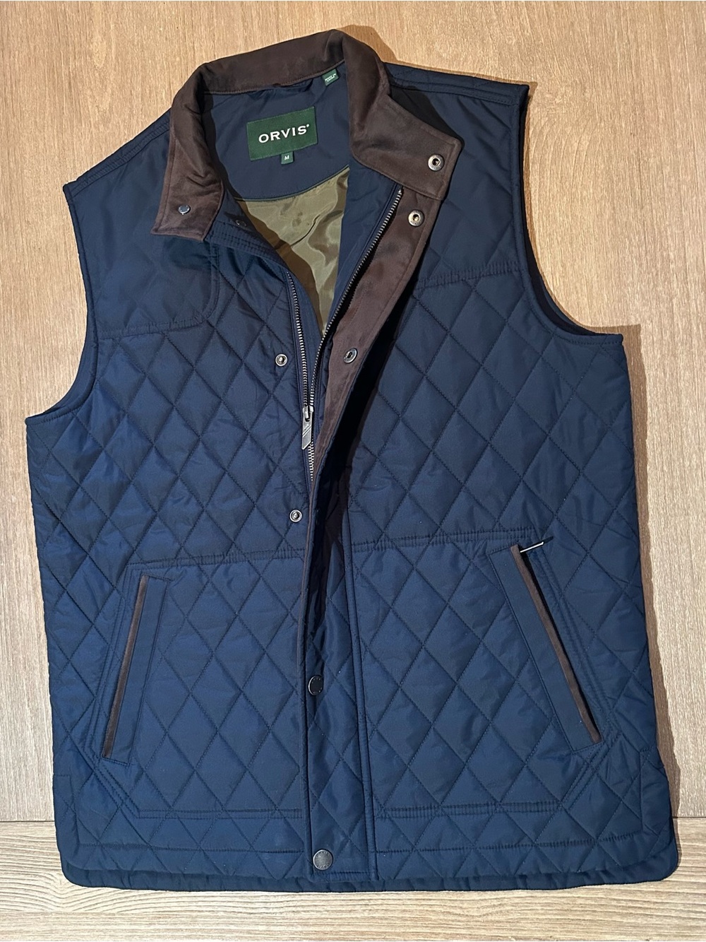 Orvis Men's RT7 Diamond Quilted Vest - Navy Blue / Brown Trim - Size Medium (M)